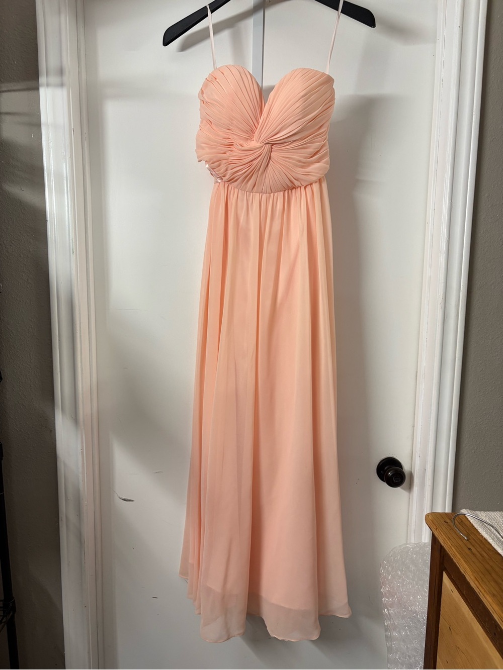 May Queen Peach Chiffon Twist-Bust Spaghetti Strap Prom Dress
